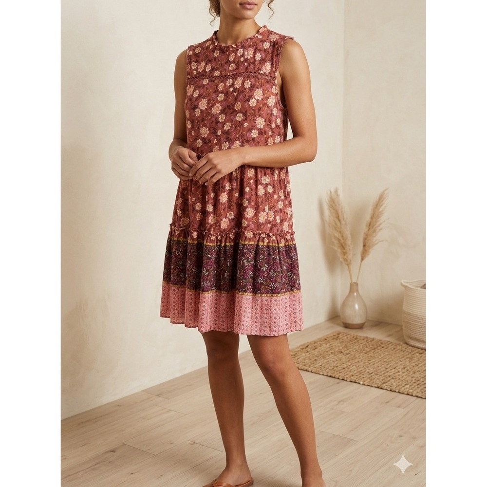 Knox Rose Womens XS Floral Tiered Sleeveless Mini Dress Rust Boho Mixed‎ Print